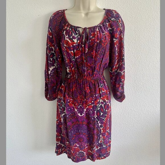 Trina‎ Turk 2 XS / S 100% Silk Purple Floral A-Line Dress Balloon Sleeve Shirred - Picture 1 of 8